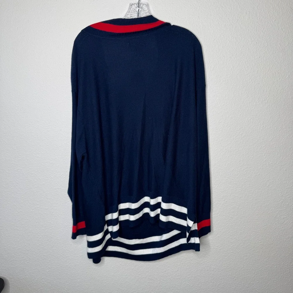 CHAPS Women Navy Blue V Neck Sweater 3X Striped‎ Trim Long Sleeve Casual - Picture 2 of 7